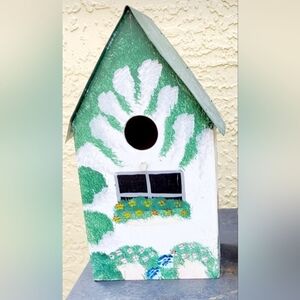 Wooden Birdhouse Green Metal Roof